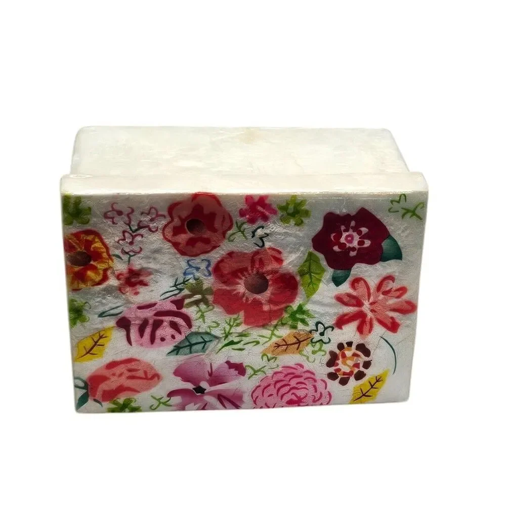 Capiz Oyster Mother of Pearl Shell Box Red Pink Floral Design Lid‎ Trinket Box